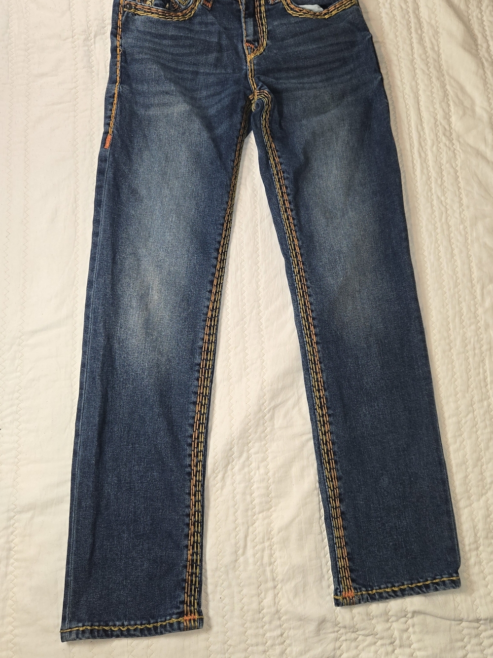 True Religion Men's Slim Straight Jeans in Dark Blue with Contrast Stitching